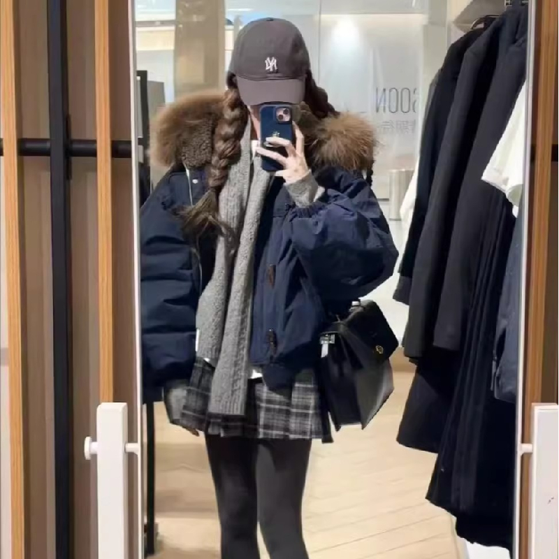 Y917#牛角扣大毛领连帽棉服外套女冬季韩系小个子加厚工装派克服