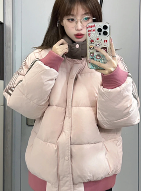 Y891#美式拼接条纹oversize棉服女秋冬季宽松加厚保暖棉衣外套女