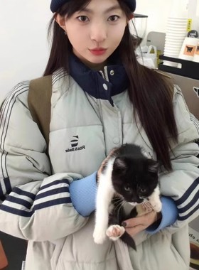 Y891#ins棉袄女条纹三条杠棉服女学生2025冬季撞色学院风棉衣外套