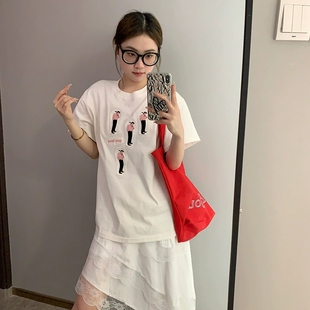 100%全棉厚重感卡通贴布T恤女2025夏款圆领短袖基础宽松显瘦上衣