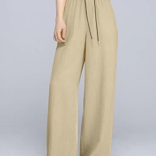 清仓 拼接撞色宽松休闲直筒阔腿裤 爆款 高腰抽绳亚麻时尚 女装 特价