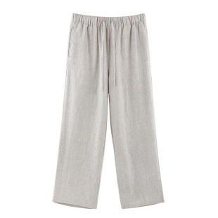 宽松女士长裤 纯亚麻色织松紧腰直筒裤 春夏新款