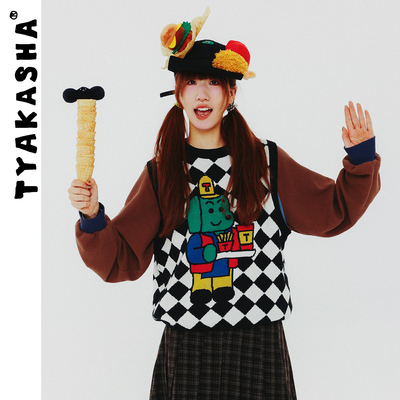 TYAKASHA塔卡沙背心女2025冬季新款黑白格马甲背心女款毛衣背心