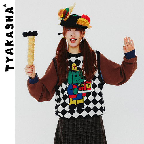 TYAKASHA塔卡沙背心女2025冬季新款黑白格马甲背心女款毛衣背心
