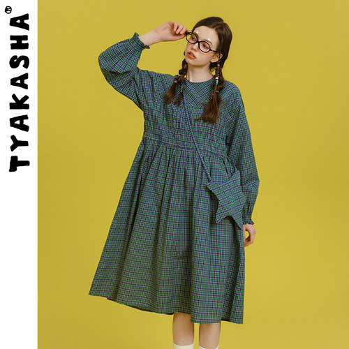 TYAKASHA塔卡沙裙子女2025新款长袖复古休闲格子连衣裙(配斜挎包)
