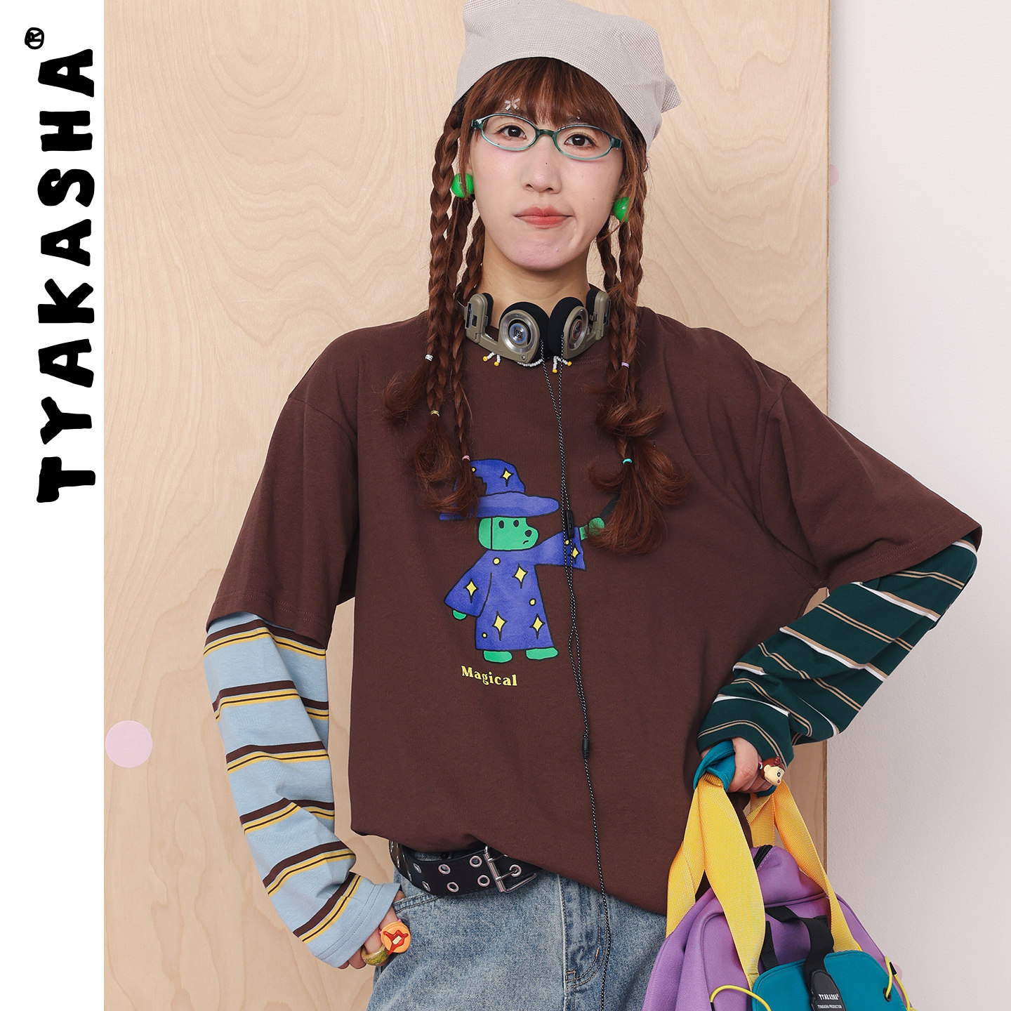TYAKASHA塔卡沙男女款T恤2026春季新款条纹假两件印花长袖上衣T恤图片