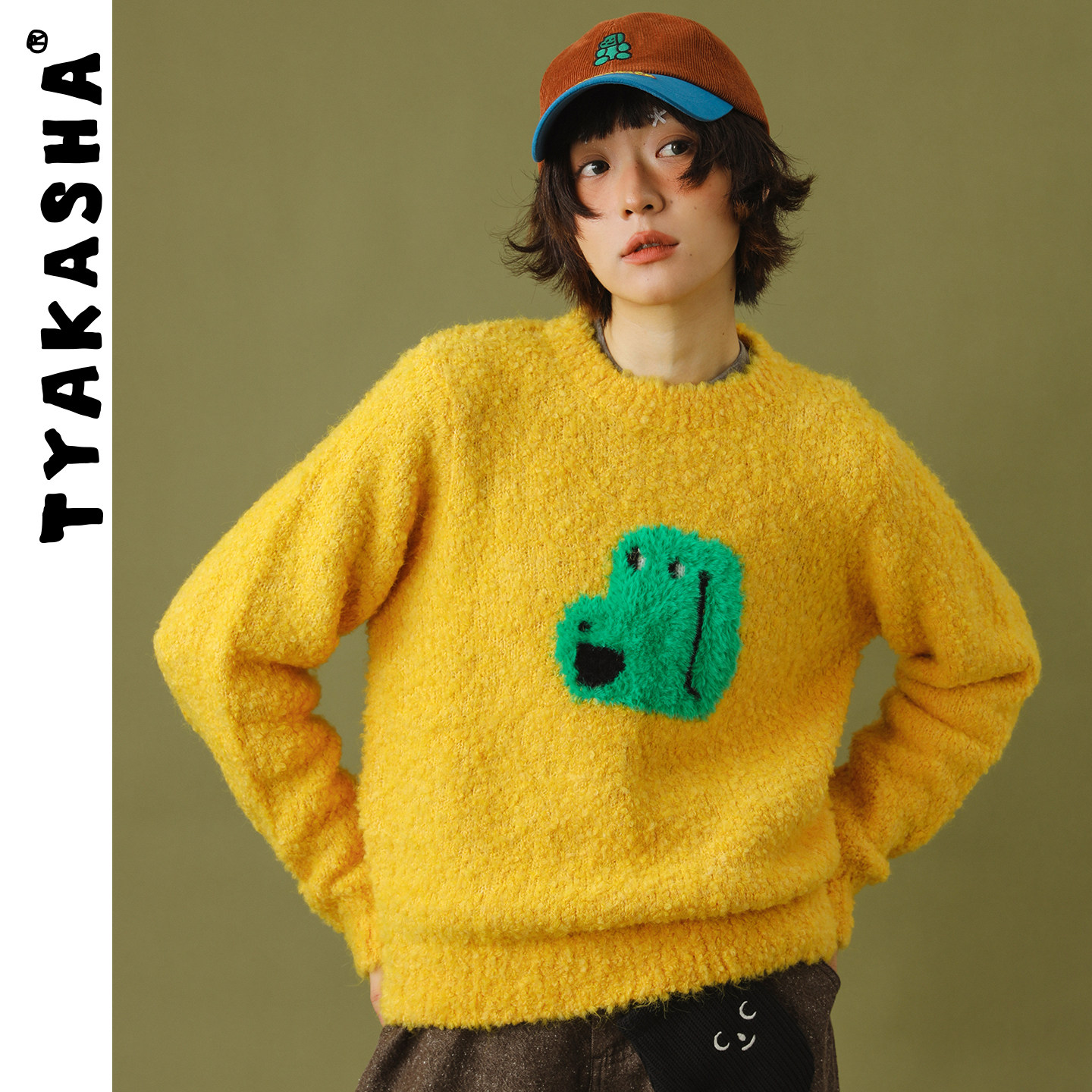 TYAKASHA塔卡沙毛衣女2025秋冬新款黄色趣味套头毛衣女