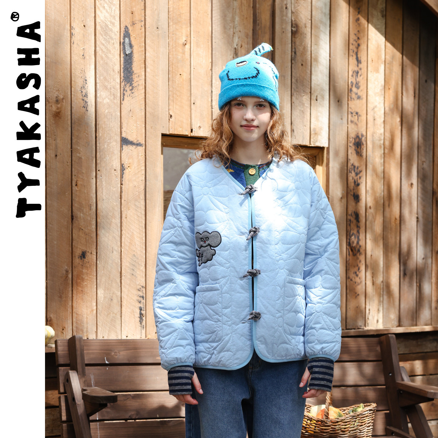 TYAKASHA塔卡沙外套女26秋冬清新浅蓝色棉服外套V领宽松保暖外套