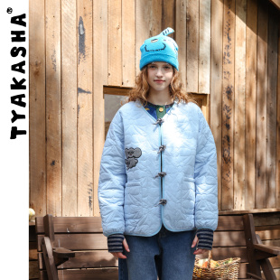 TYAKASHA塔卡沙外套女26秋冬清新浅蓝色棉服外套V领宽松保暖外套