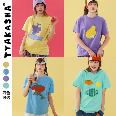 TYAKASHA塔卡沙T恤女2026夏季新款水果贴布图案短袖宽松T恤女