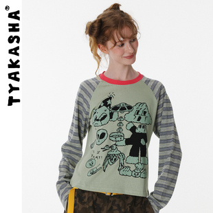 TYAKASHA塔卡沙女款T恤2026秋季新款灰豆绿插画T恤插肩长袖T恤女