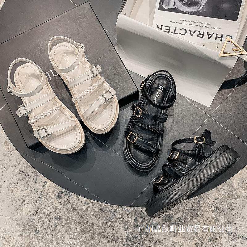 松糕厚底凉鞋女仙女风夏2025新款学生百搭平底超火罗马鞋