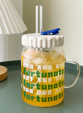 大容量耐热玻璃杯佛系印花随手杯防尘硅胶盖水杯加粗吸管把手杯子