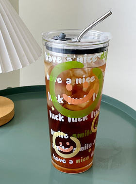 1L大容量广口杯耐高温玻璃杯带刻度水杯不锈钢吸管杯个性印花杯子