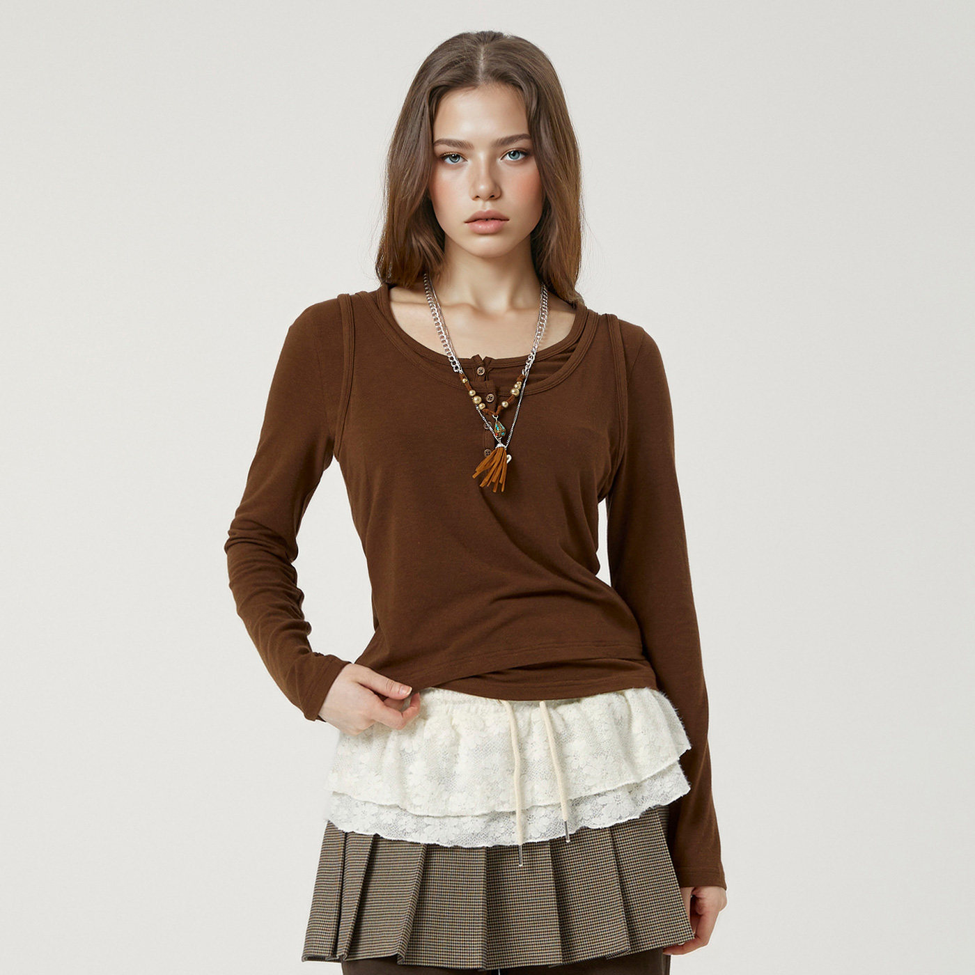 WHO.A.U2025女分层圆领长袖T恤