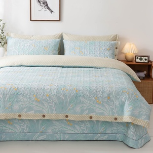 加厚全棉四件套纯棉简约床盖款 220×240高端家纺 床笠绗缝田园春季