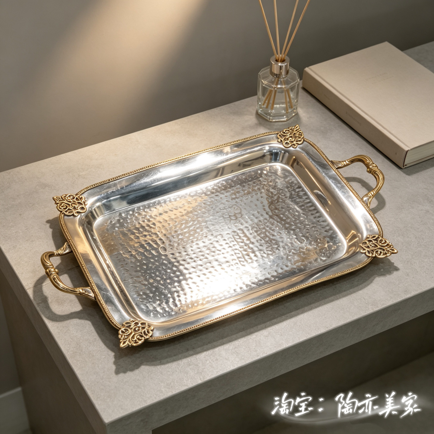 印度进口黄铜不锈钢复古双耳托盘餐厅茶几水果盘银色收纳盘茶盘