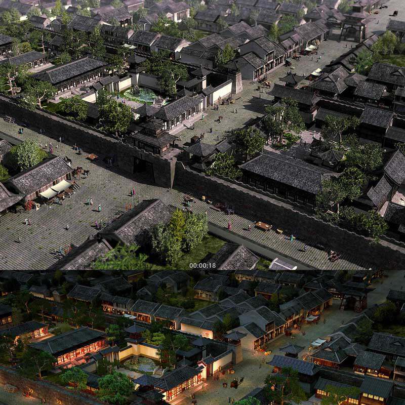 古代城池古城古建筑历史文化唐宋清代街景集市赶集 三维动画视频