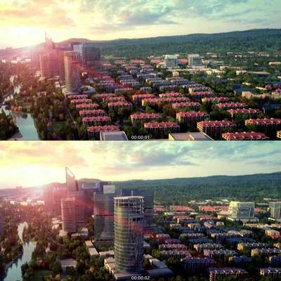 城市建筑鸟瞰 晚霞日落 3D动画 三维建筑漫游 城市宣传片视频素材
