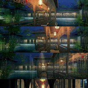 视频素材 唯美庭院 3D动画 夜景萤火 三维建筑漫游 城市宣传片