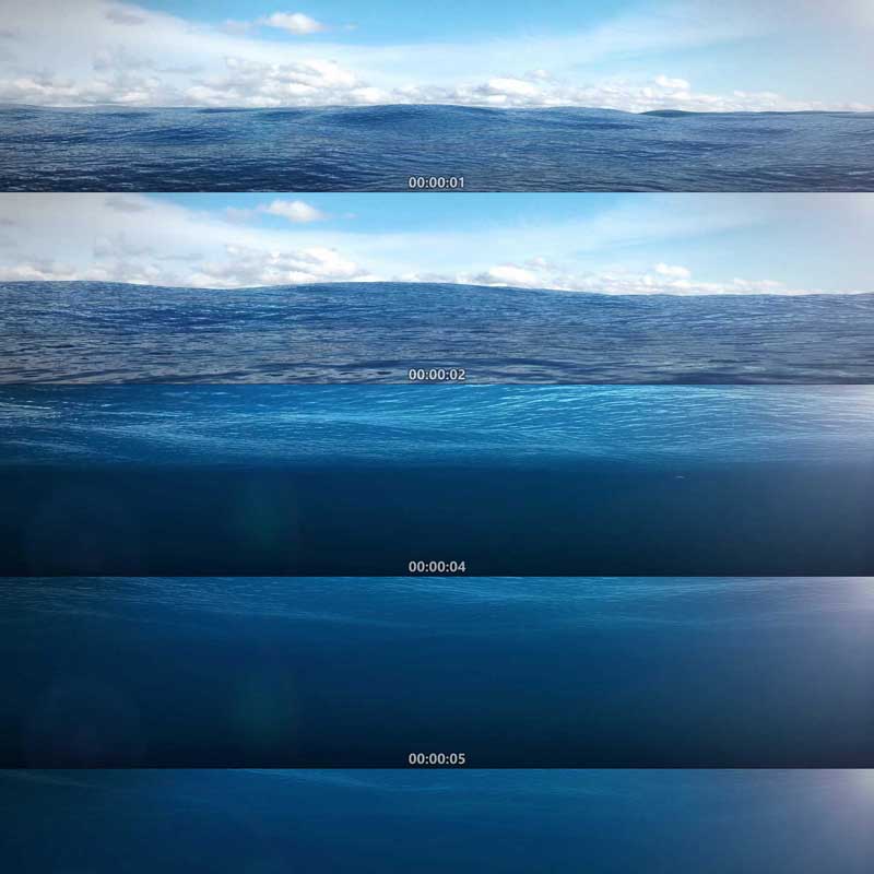 海面到海底 潜水第一视角 深海 海浪 浪花 蓝天白云 动画视频素材