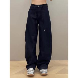 美式复古设计感加绒镰刀牛仔裤女今年春季新款时尚百搭宽松弯刀裤
