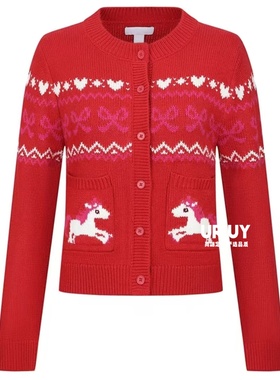 2026春季新款女装都市费尔岛小马红色提花针织开衫UYU960014