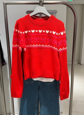 2026春季新款女都市费尔岛蝴蝶结爱心提花红色针织衫UYU960018