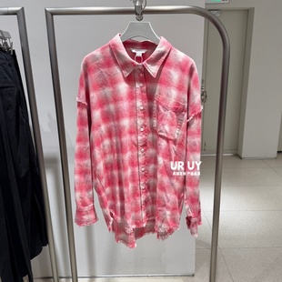 UR UY2026春季新款女装潮流撞色格纹毛边开襟衬衫UYV250066