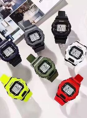 学生电子手表小方块时尚初高中儿童大表盘计时方形夜光运动男表