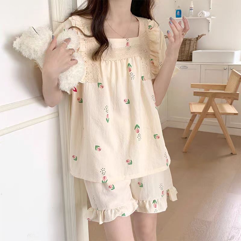 睡衣女夏季甜美云朵棉短袖短裤夏天女士薄款网红家居服春秋款套装