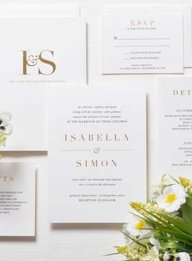 简约加厚双面烫金结婚请柬欧式邀请函 gold foil wedding invite