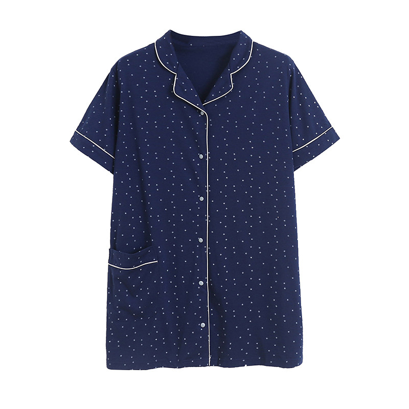 대외 무역 봄과 여름 싱글 브레스트 가디건 폴카 도트 프린트가 있는 여성용 반팔 가정복 편안한 연령 감소 잠옷 싱글 피스 탑