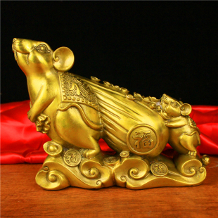 纯铜老鼠拉黄金袋铜鼠背钱袋摆件生肖鼠铜母子鼠客厅卧室礼品摆设