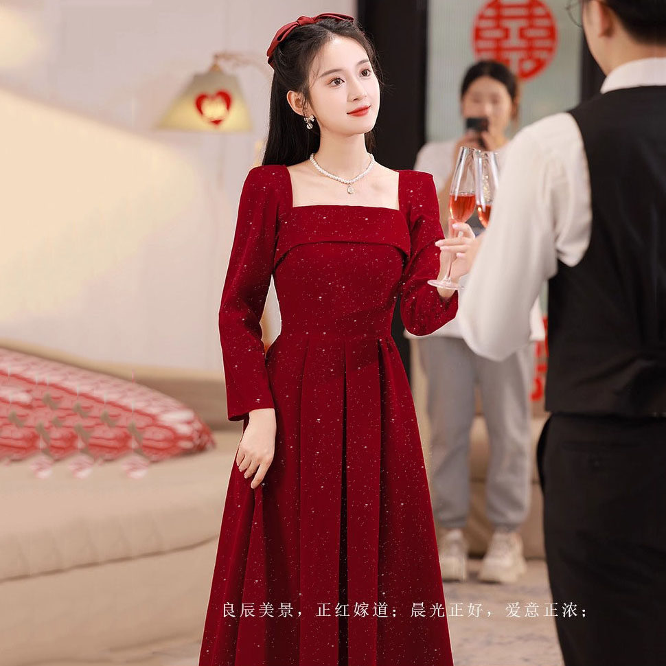 大码胖mm秋冬新娘敬酒服2025新款方领订婚回门日常穿晚礼服连衣裙