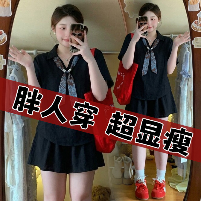 大码胖MM老钱风休闲棉麻短袖薄衬衫短裤两件套女领带遮肉显瘦套装