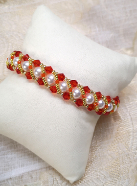纯手工编织复古风女款珍珠菱珠手链闺蜜过年礼物水晶串珠金色红色
