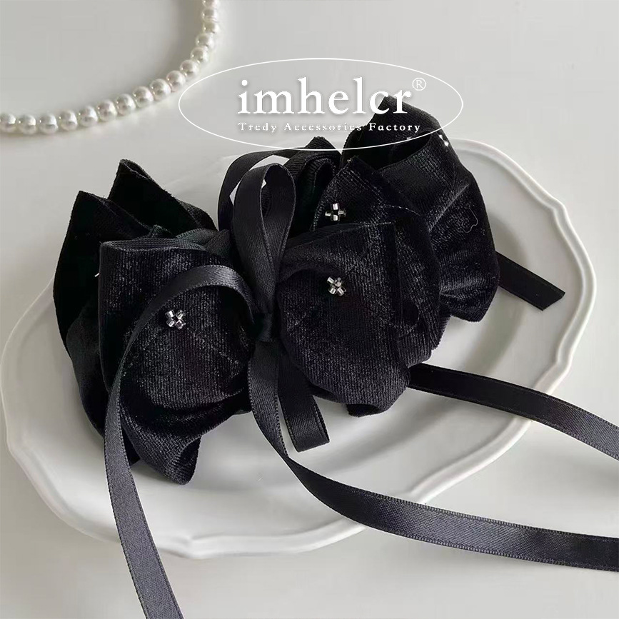 韩国气质轻奢黑丝绒串珠小花香蕉夹高级感优雅扎马尾竖夹新款发夹