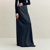 秋冬新款 软糯羊毛羊绒半身裙垂感斜裁拖地长裙高腰松紧半身长裙女