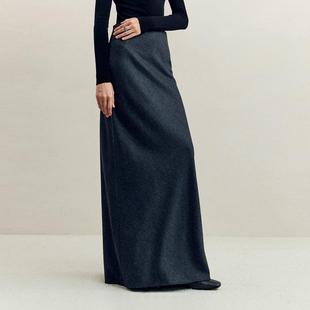 秋冬新款 软糯羊毛羊绒半身裙垂感斜裁拖地长裙高腰松紧半身长裙女