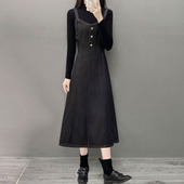 大码 2025中长裙新款 秋季 百搭宽松收腰背带长裙牛仔吊带a字连衣裙