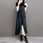 2025中长裙新款前开叉百搭宽松毛边背带裙牛仔吊带a字连衣裙潮裙