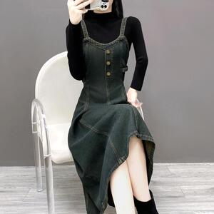 秋季加大码中长裙新款百搭宽松收腰背带长裙牛仔吊带a字连衣裙潮