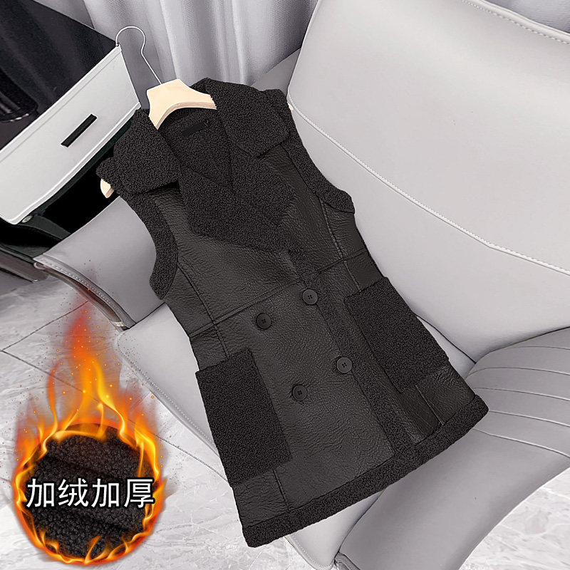 羊羔绒马甲大码女秋冬韩版西装领无袖百搭加绒加厚中长款坎肩外套