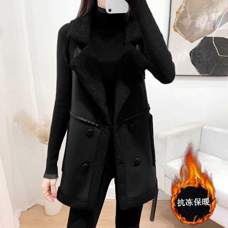 大码羊羔绒马夹女冬装韩版西装领无袖百搭加绒加厚中长款坎肩外套