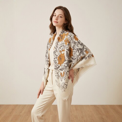 山羊绒100cm大方巾薄款女春秋时尚植物花卉印花披肩围巾两用新款