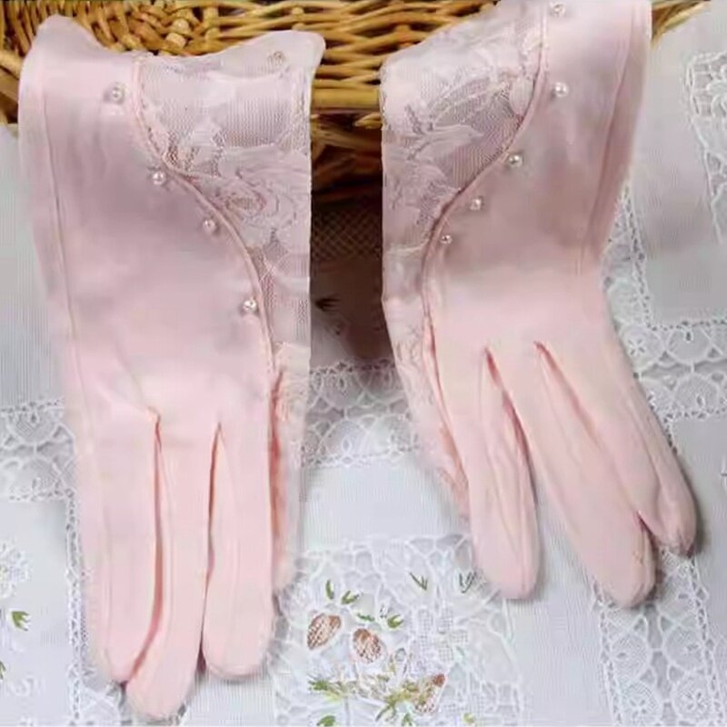 粉色黑色纯棉手套吸汗透气五指薄款女春秋夏开车骑车防晒防紫外线