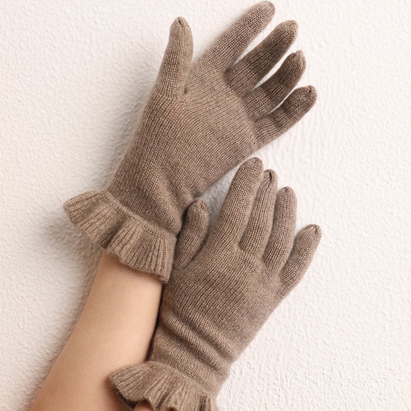 黑色纯羊绒毛线针织手套女秋冬季百搭时尚荷叶边保暖分指五指全指