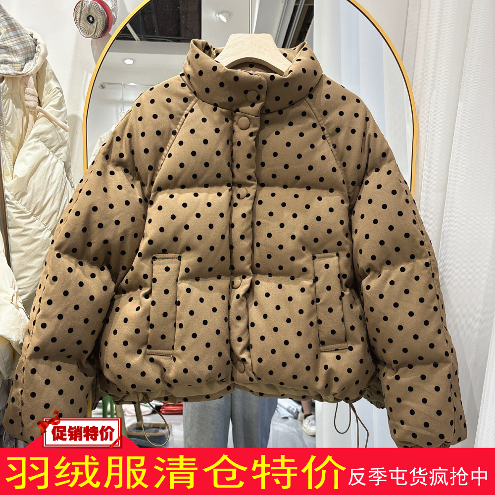 欧货丝绒波点羽绒服女短款2024冬季新款小个子韩系显瘦白鸭绒外套