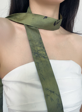 古风小众墨绿色丝巾女新中式绑带发带高级感细长领巾国潮印花飘带